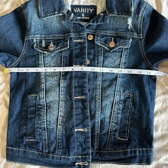 Vanity Dark Blue Distressed Denim Cropped Button Up Small Jean Jacket for Women - Picture 8 of 10